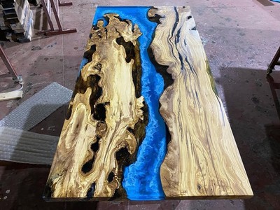 Blue Epoxy River Table | Live Edge Wood Resin Dining Desk | Custom table top