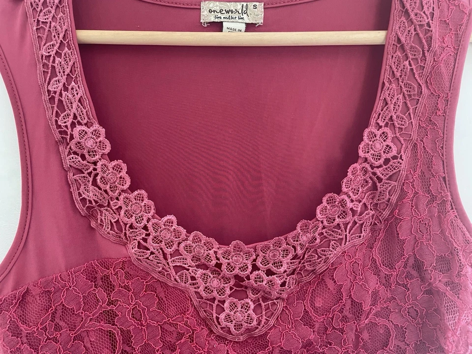 One World Women's Solid Pink Floral Lace Sheer Polyester Sleeveless Tank Top S - Image 3 of 4