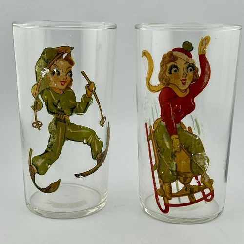1940s Peek-A-Boo Pin-Up Ski & Sled Juice Glasses Pair 4¾″ Federal VTG