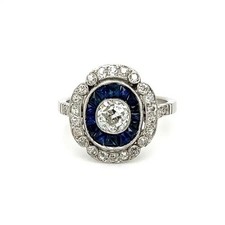 Art Deco Style Lab Created Diamond  Blue Sapphire Engagement White Gold FN Ring