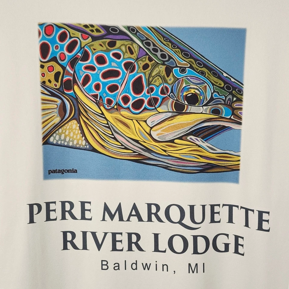 Patagonia Tech Fish Shirt Pere Marquette River Lodge Graphic Tee Men Large Tan - Image 4 of 4