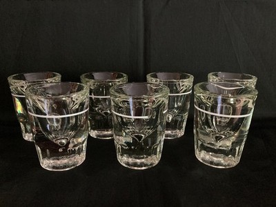 Set of 7 Vtg Heavy Bottom Fluted Shot Glasses White Stripe Pour Line Barware