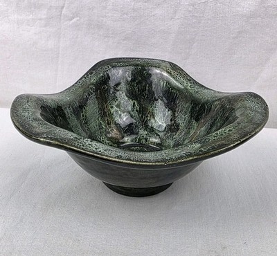 Vintage Handmade Art Pottery Bowl Green Black Glaze Mottle Inscribed MCM Decor
