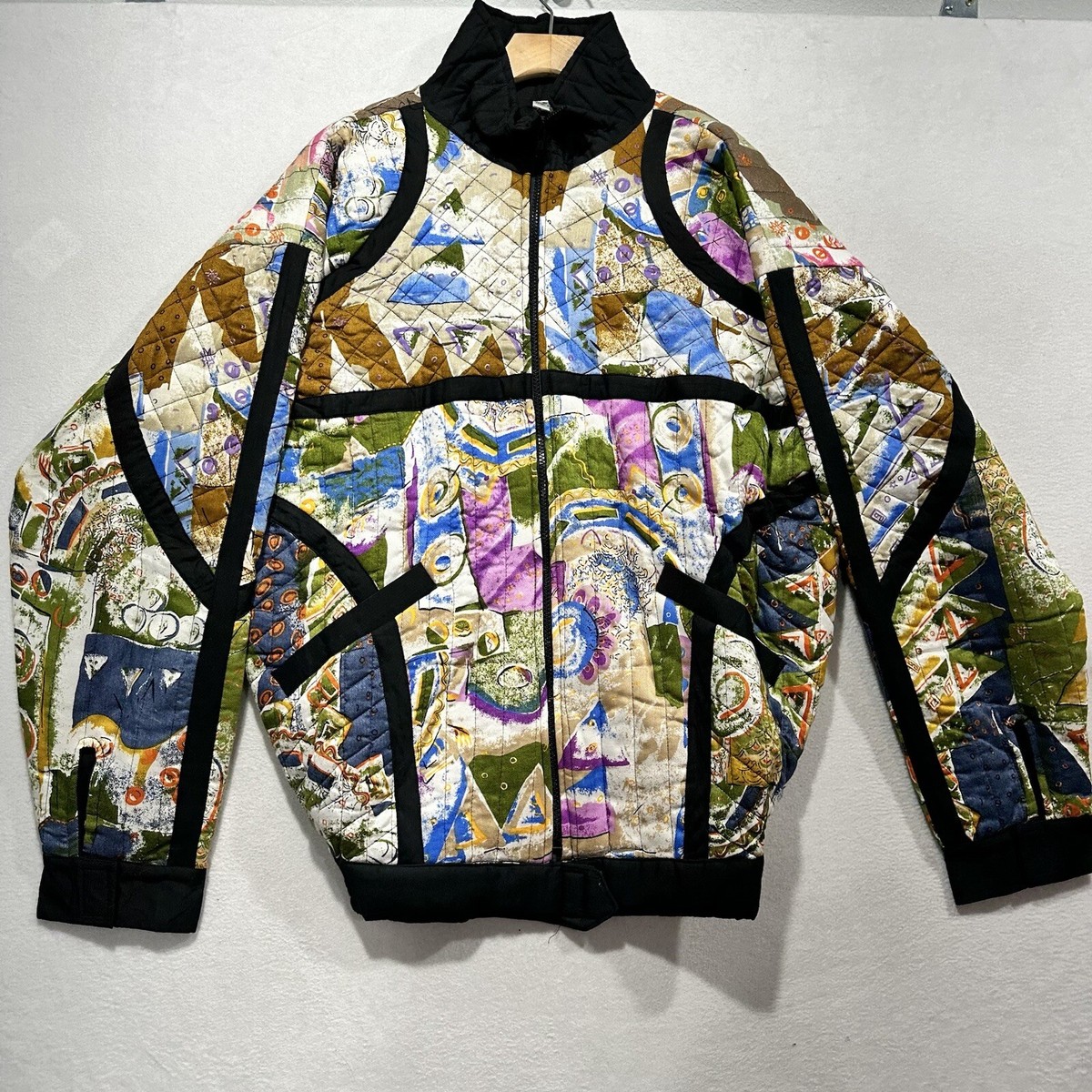 Vintage 80s Quilted Jacket Large Mens Art Bomber Unique Fashion 