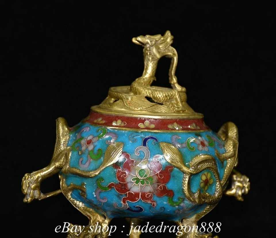 Queimador de incenso dragão de água 6,4" XuanDe marcado porcelana cobre cloisonne 3 - Imagem 4 de 4