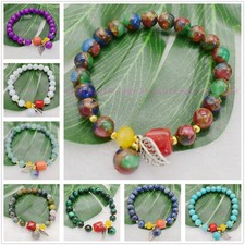 Natural 8mm Multicolor Gems Red/Orange Cylinder Coral Leaf Pendant Bracelet 7.5"