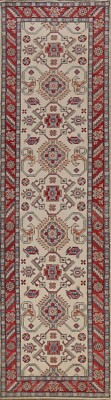 Vegetable Dye Super Kazak Geometric Ivory Hand-knotted Oriental Runner Rug 3x10