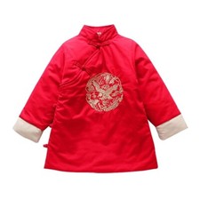 Kids Boy Girl Quilted Padded Jacket Chinese New Year Tang Suit Warm Midi Top Red