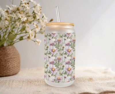 Soft Purple Aster Flowers Frosted Glass Can W/ Bamboo Lid 16 Oz Glass Cup Mugzan