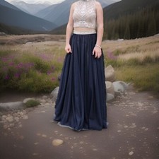 Women  s Junior  s Navy Blue  Beige w/ Sequins 2-piece Formal Prom Dress Size 1
