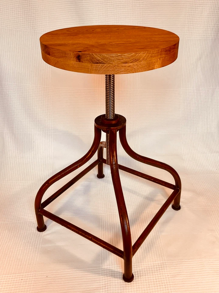 Bar stool, handmade, rusted steel, oak seat, adjustable height - Image 3 of 4