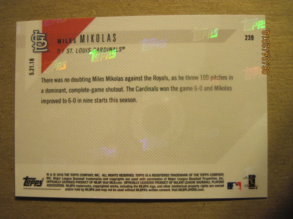 2018 Topps NOW Miles Mikolas 1st Career Shutout - Complete Game Win # 239 - Image 2 of 2