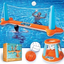 Inflatable Pool Float Game Set with Inflatable Volleyball Net & Basketball Hoops