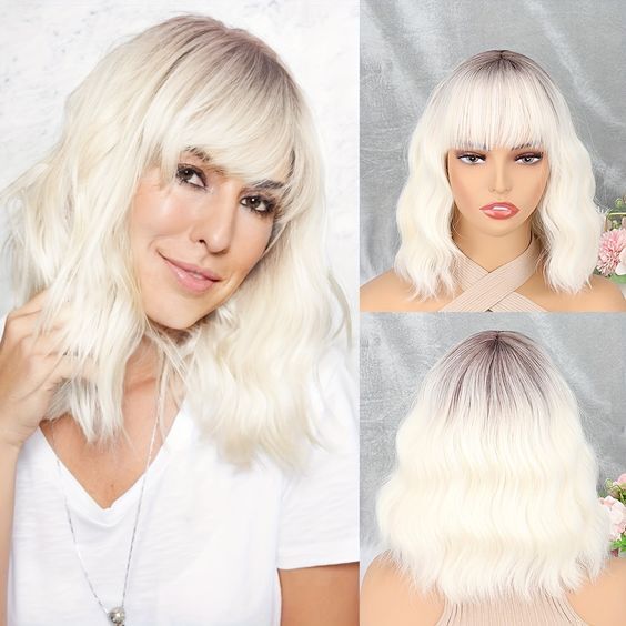 ReFa PERFECT BANGS ホワイト Long Wavy Synthetic Hair Wig with Bangs White Cosplay Wigs