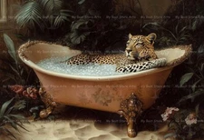 LEOPARD BATHTUB ART PRINT, Animal Jungle Big Cat Poster, Bathroom Decor F741