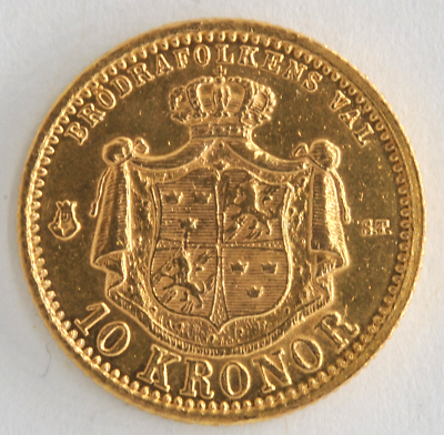 Sweden Kingdom 1874 ST 10 Kronor Ruler Oscar II .900 Fine Gold
