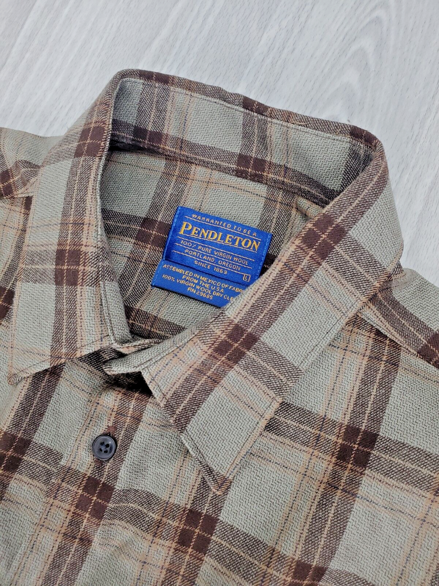 Men's Pendleton 100% Virgin Wool Grey Brown Blue Plaid Long Sleeve