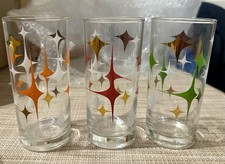 3x Vintage Anchor Hocking  Atomic Starburst glasses tumblers, MCM 1970s Retro