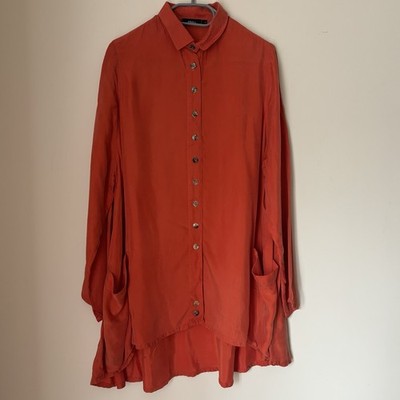 Ralston Tunika Gr. Small orange seidig Lagenlook Knopfleiste Shirt Top