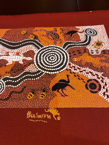 Aboriginal Dot Painted Textile On Orange Panel Waterholes 25.5x8