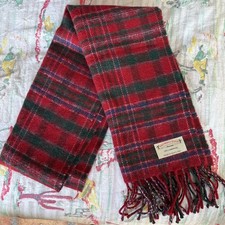 Pringle Weavers Scarf Lambswool Scotland 12x52  Red Plaid Green Fringe Wool