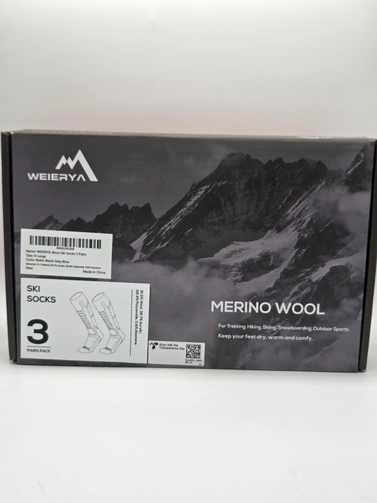 2X Weierya Merino Wool Socks Sz XL 3 Pairs Box Hiking Skiing Walking