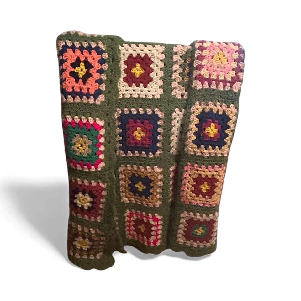 Vintage Handmade Granny Square Green Crochet Afgan Blanket 65x71 Colorful - Image 3 of 4