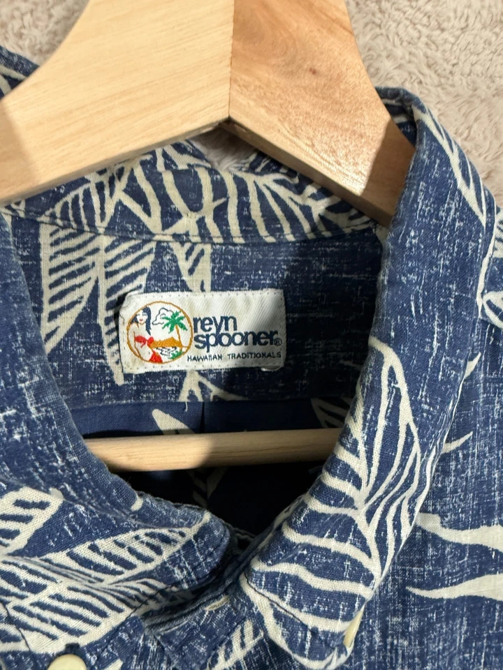 Reyn Spooner гавайская рубашка мужской размер большой синий белый лист печати - Изображение 2 из 4