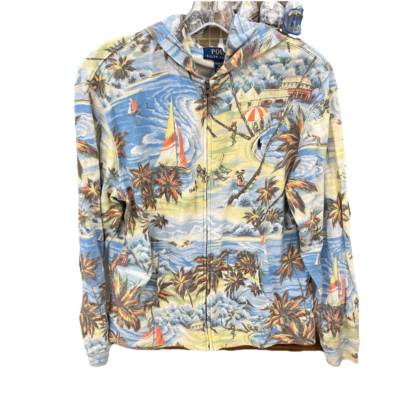 Polo Ralph Lauren Boys Hoodie Full Zip Cotton Palm Tree Tropical Sailboat XL
