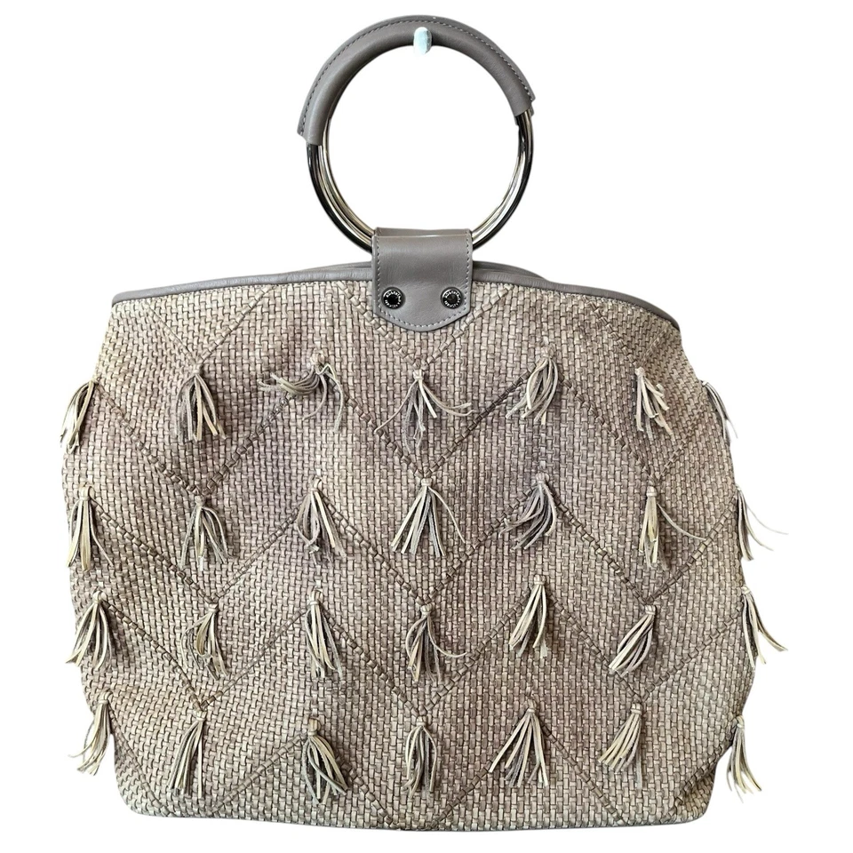 Roberta Gandolfi Handbag Tote Purse Natural Taupe Genuine Leather Tassels Italy - Image 3 of 4