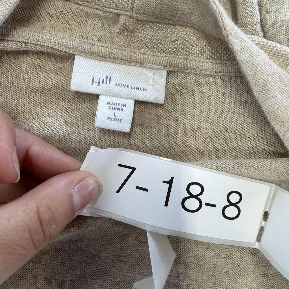 Cárdigan de lino J.Jill Love para mujer grande pequeño tostado frente abierto mangas acanaladas Foto 3 de 4