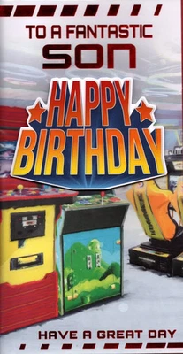 PRELUDE Son Birthday Card Slim Arcade Games Themed Design Lovely Verse 9"x5"