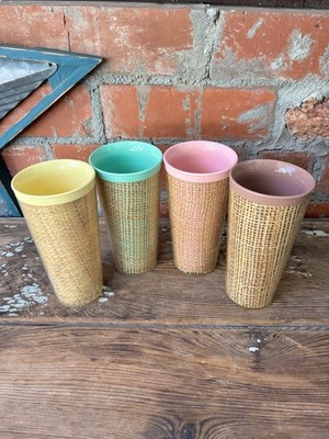 #1 Vintage MCM 6  Raffia-Ware Thermo-Temp 4 Tumblers Raffia Weave Insulated