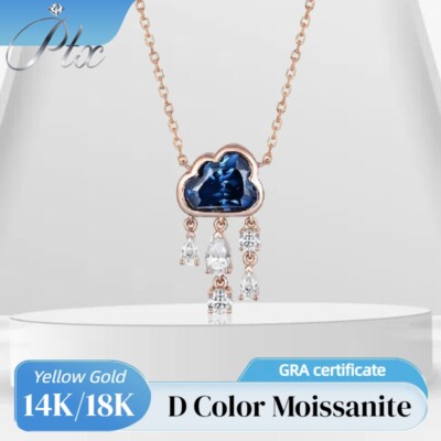 2ct Blue Cloudy Moissanite Necklace for Women Solid 18K Gold Rainny Necklace