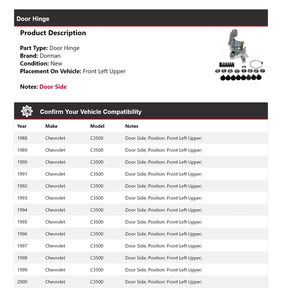 Bisagra de puerta delantera izquierda superior 1989 1990 1991 para Chevrolet C3500 Dorman 1988-2000 Foto 2 de 4