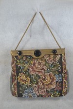 vintage purse tapestry chain handle black floral beaded 6 x 8 Edwardian style