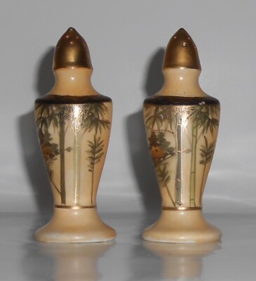 Nishida Japan Porcelain China 22k Yellow Black Bamboo Fuji Salt/Pepper Shaker