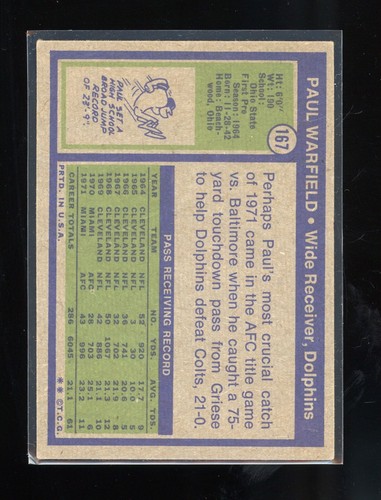 1972 Topps Paul Warfield #167 Karte Miami Dolphins - Bild 2 von 2