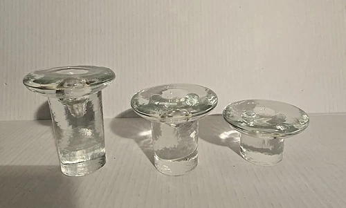 Blenko Clear Solid Glass Mushroom Shaped Vintage Candle Holders Set of 3