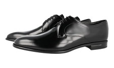 PRADA Polished Leather Derby Dress Shoes - Logo Heel Black NEW -  US 10 EU 43