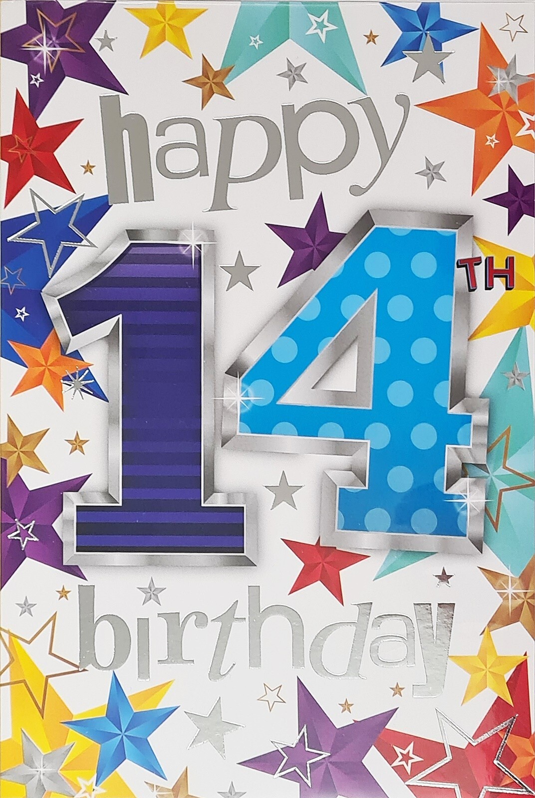 Happy 14th Birthday Card - 14 Today - Stars Silver Foil - For Him Male Boy