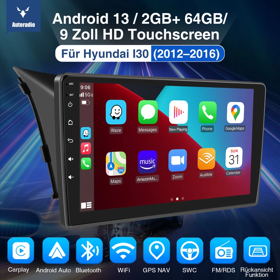 DAB+ 64G Android 13 Carplay Autoradio GPS Navi RDS KAM Für Hyundai i30 2012-2016 - Bild 2 von 4