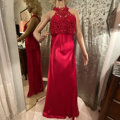 Faviana Red Satin Gown Embroidered Sparkle Front Collar Size 11-12 With  Shoes 9 | eBay