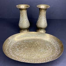 Vtg Copper India Engraved Etched Handcrafted Signed Tray Legs Vases Set of 3