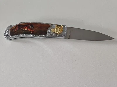 Klappmesser mit Tigermotiv und Verzierung als Griff Klingenlänge 8,5cm - Bild 1 von 3