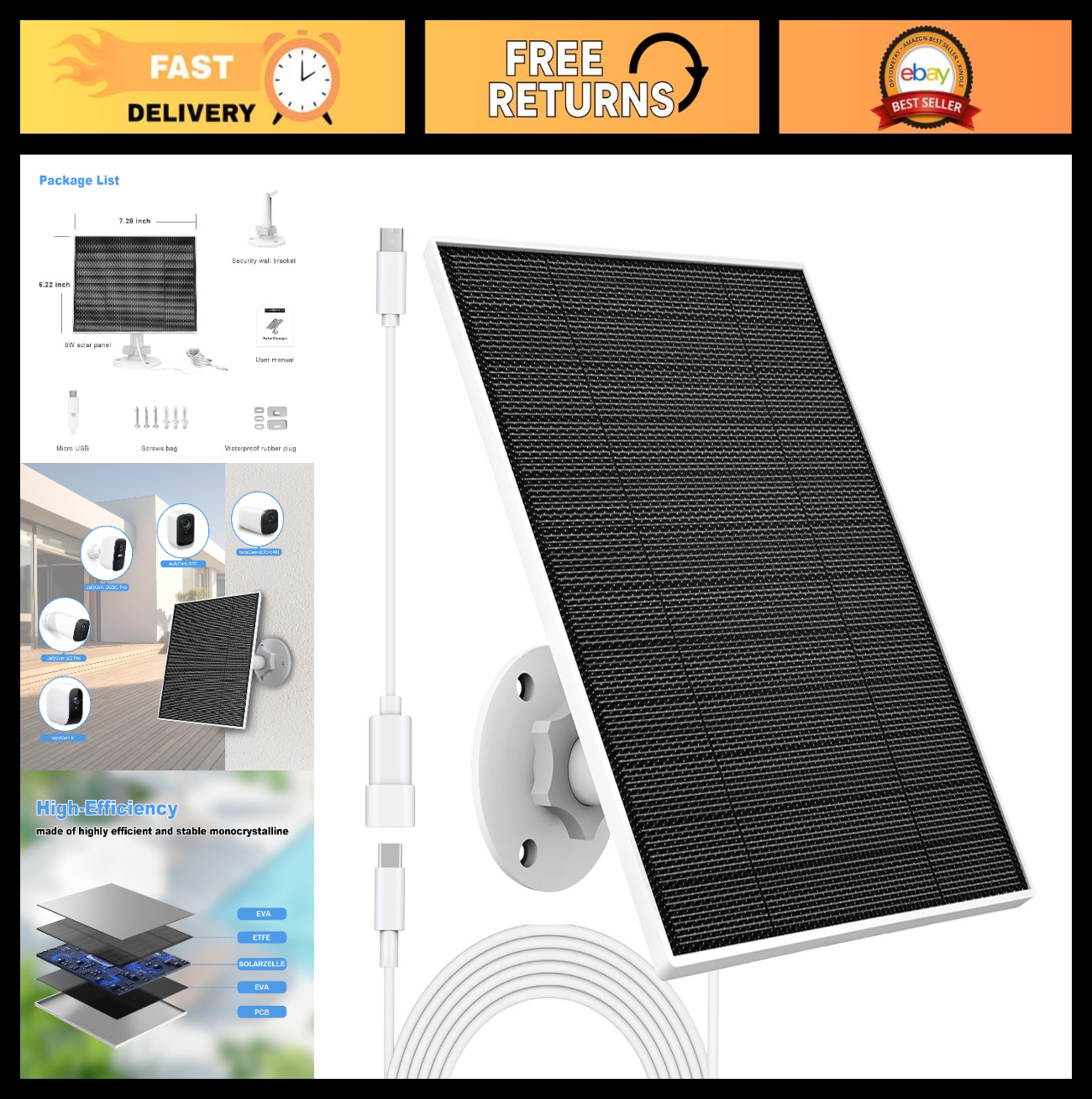 5W Solar Panel Charger for Outdoor Cameras, IP65 Waterproof, 9.8ft Cable, Adjust