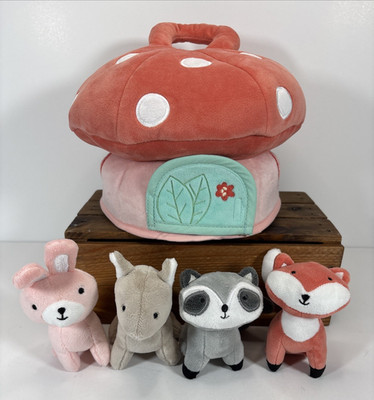 Lambs & Ivy Interactive Plush Mushroom House w/4 Stuffed Animals Handle Cute!