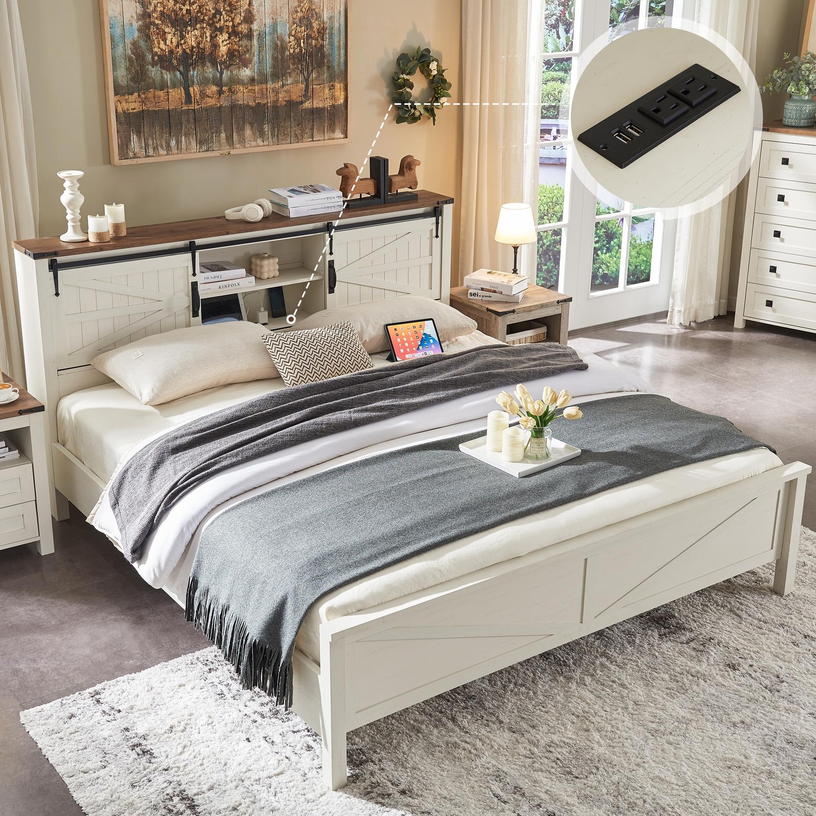 W/storage Bookcase Headboard Sliding Barn Door