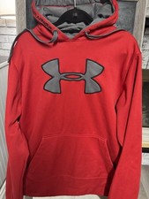 Under Armour Mens Large Sweatshirt Red Gray Logo Hooded Pullover Sweater