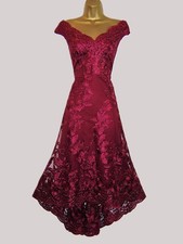 QUIZ BURGUNDY RED EMBROIDERED DIPPED HEM EVENING PARTY OCCASION DRESS SIZE 14